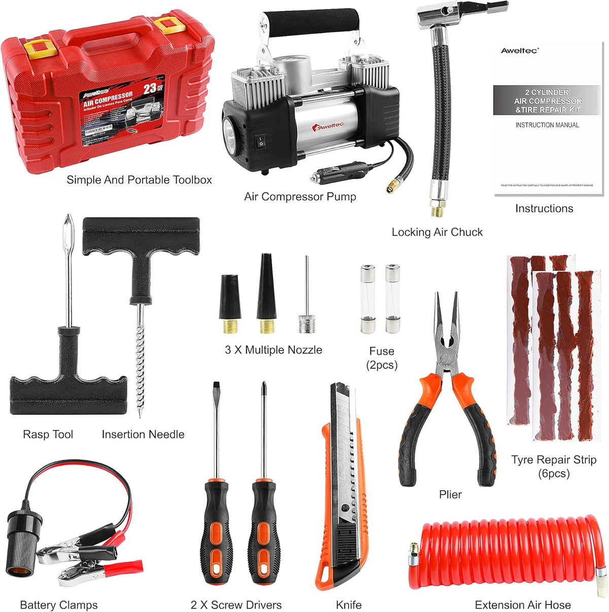 12V Heavy Duty Portable Air Compressor Tire Inflator Kit C84593