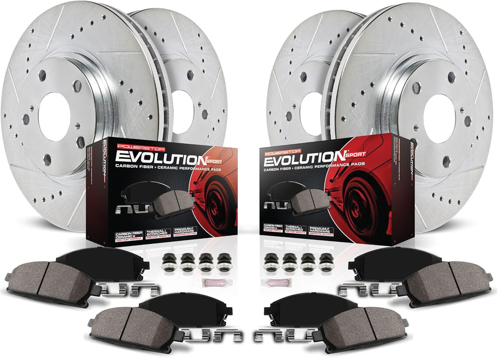 Front and Rear Carbon Fiber Brake Pads with Drilled & Slotted Brake Rotors Kit T432
