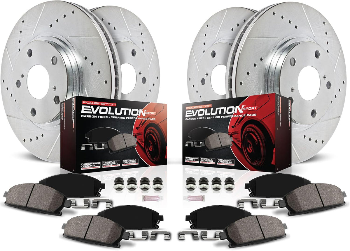 Front and Rear Carbon Fiber Brake Pads with Drilled & Slotted Brake Rotors Kit T432