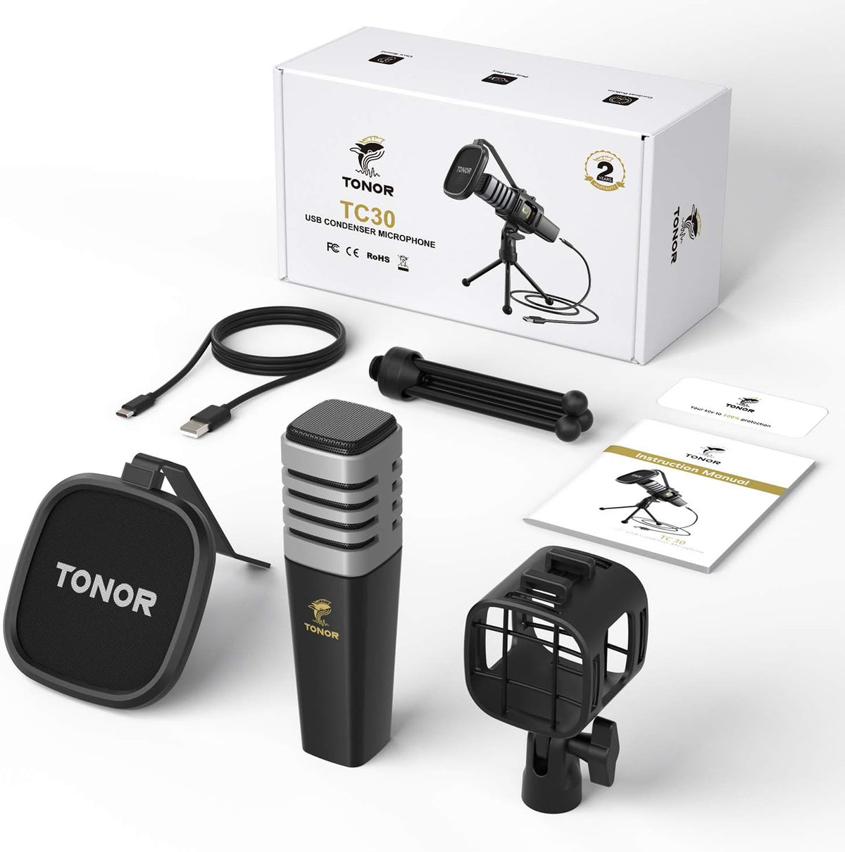 USB Microphone with Tripod Stand, Pop Filter, Shock Mount Q77326