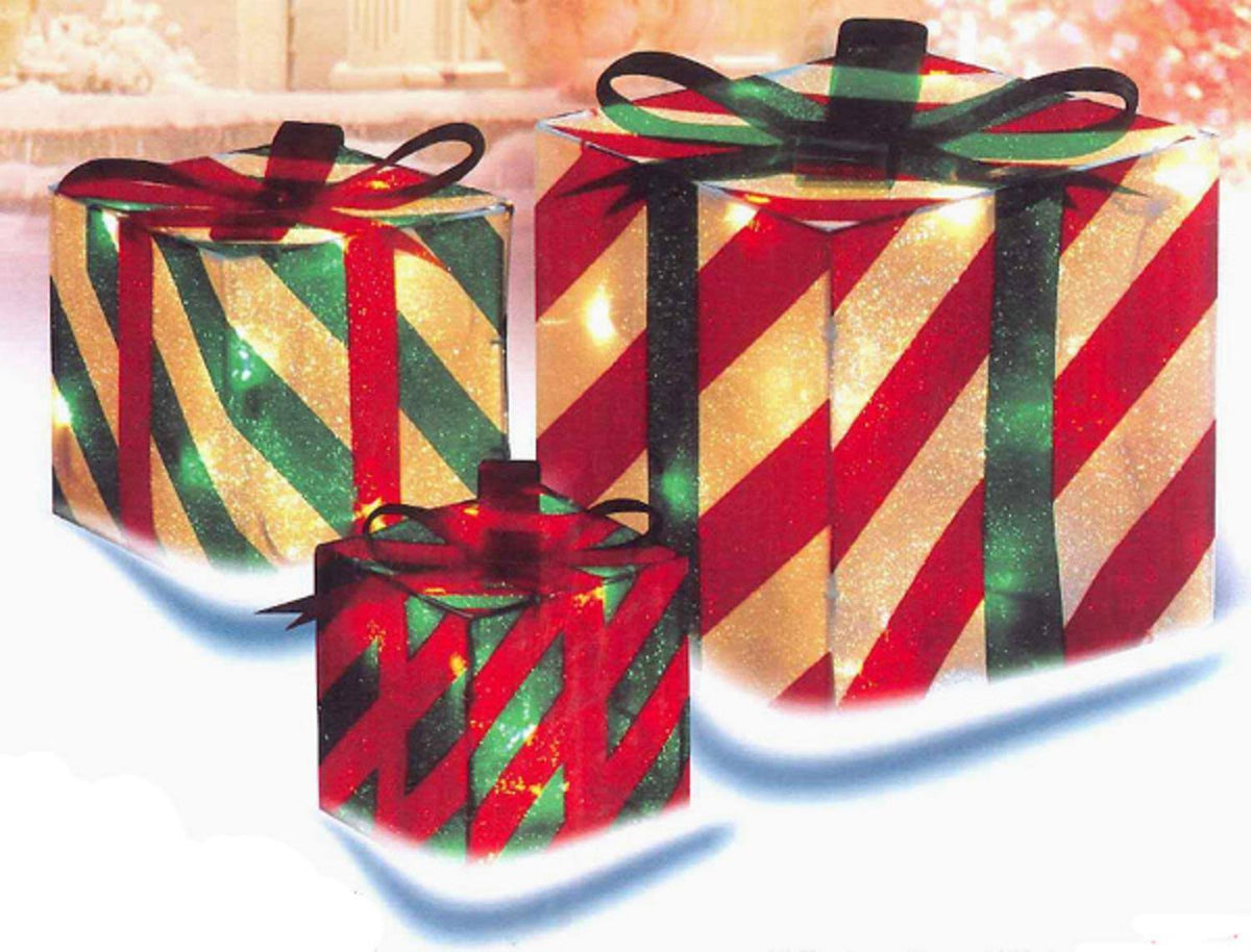 Set of 3 Lighted Striped Gift Boxes I167