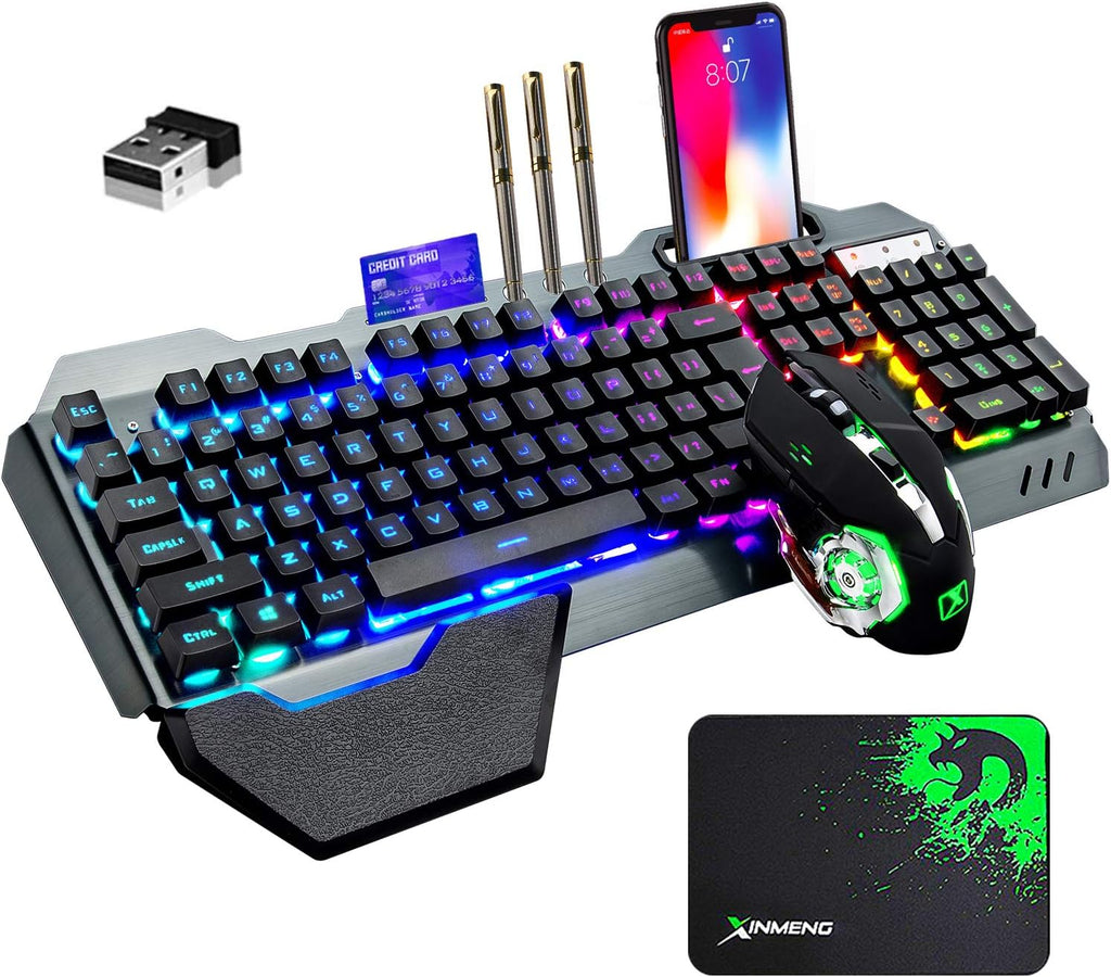 Wireless Gaming Keyboard and Mouse Rainbow LED Rechargeable Mechanical Ergonomic Waterproof Black E66289