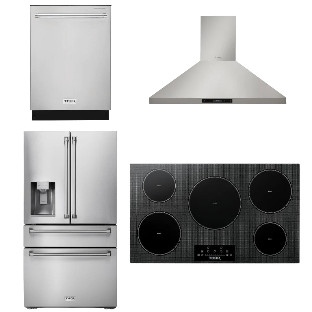 36 Induction Cooktop, Range Hood, Refrigerator with Water and Ice Dispenser, Dishwasher F473