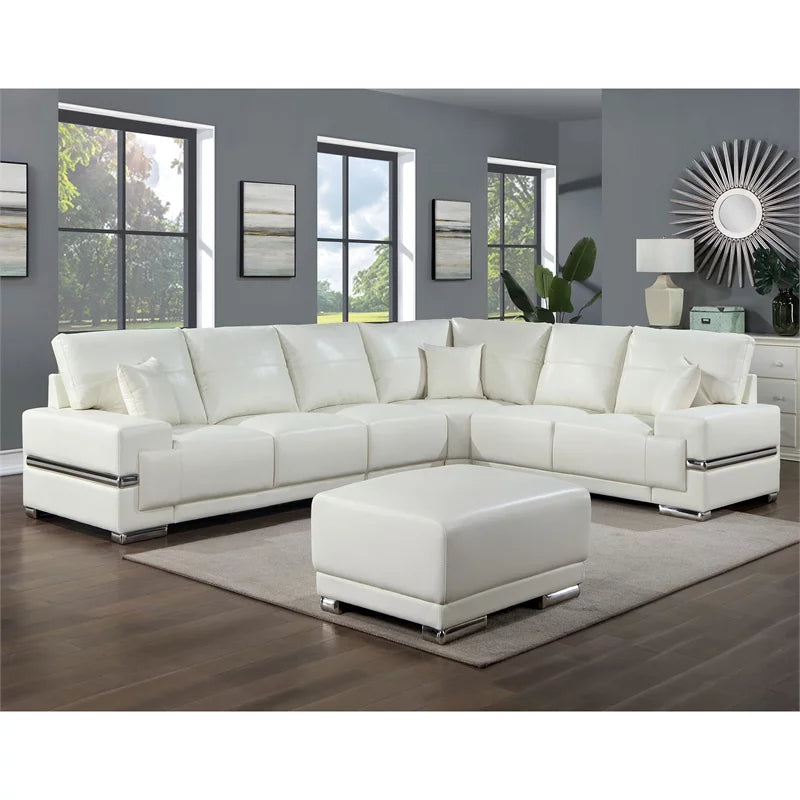 White Faux Leather Sectional with Ottoman G4904