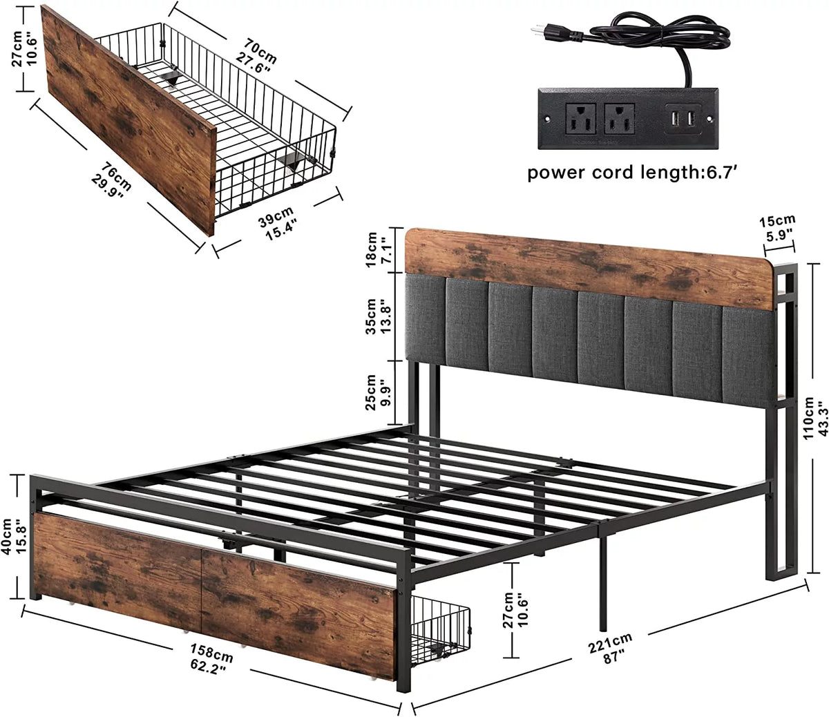 Queen Storage LED Bed Frame with Drawer S484
