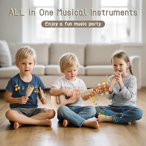Kids Guitar Set 7 in 1 Musical Instruments with Ukulele Flute Tambourine Maracas A56839