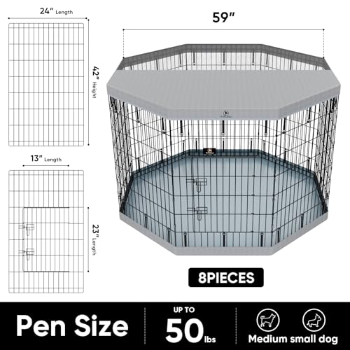 8 Panel Metal Dog Playpen with Grey Pad and Top Cover V316176