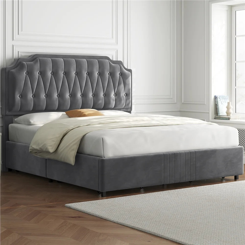 Queen Upholstered Bed with 4 Storage Drawers E442