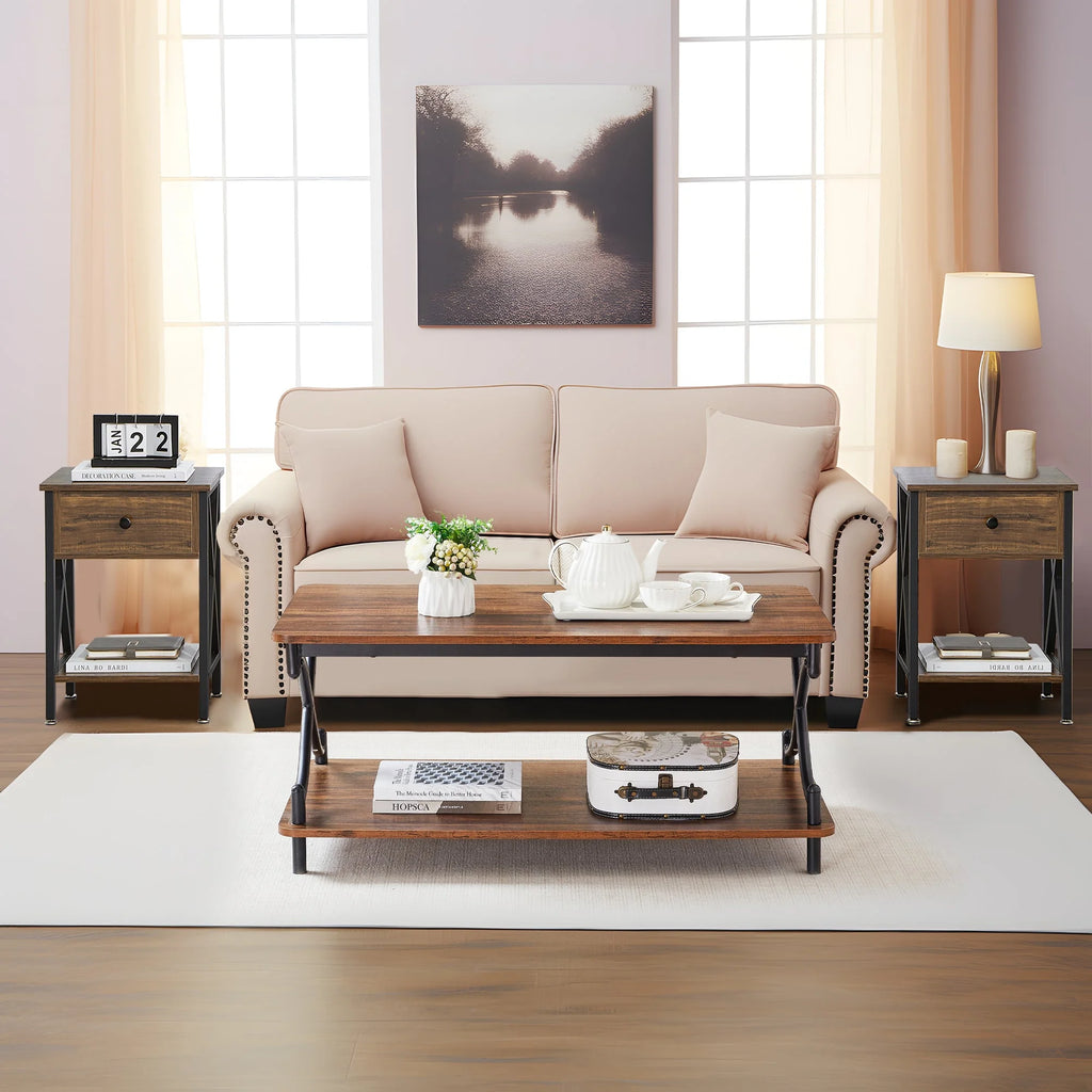 Brown 3-piece Coffee Table Set with Shelf and 2 Nightstands R6595