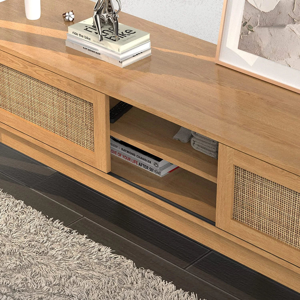 TV Stand with Rattan Sliding Doors for TVs up to 65 Inches I1332