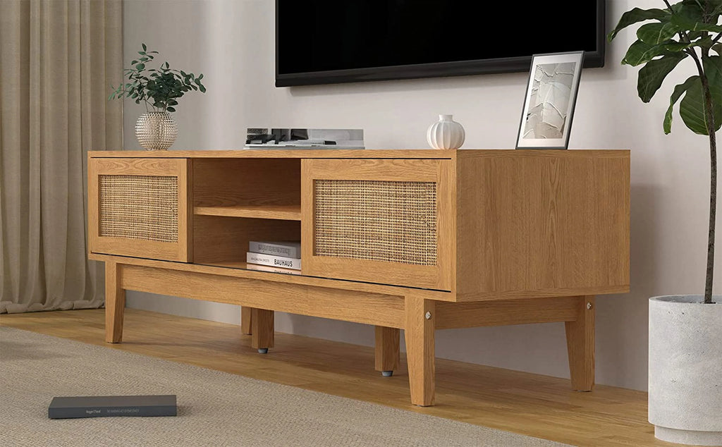 TV Stand with Rattan Sliding Doors for TVs up to 65 Inches I1332