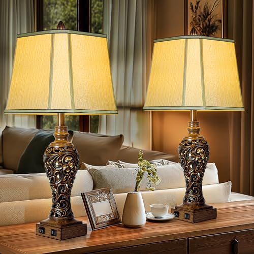 Vintage Brown Table Lamps Set of 2 with Faux Silk Shades F506
