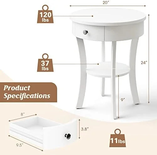 Round 2-Tier Wood End Table with Drawer U509