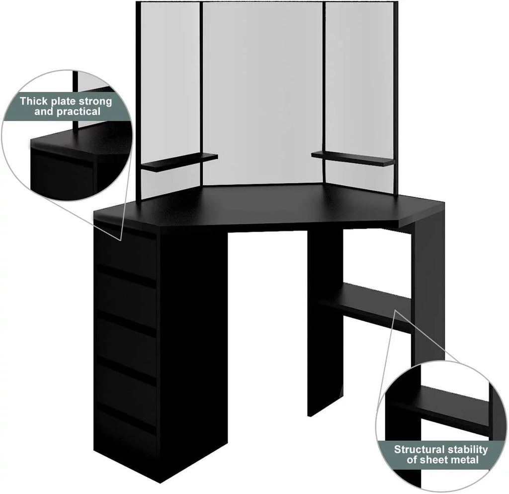 Black 5 Drawer Vanity Table with Three-Fold Mirror R199