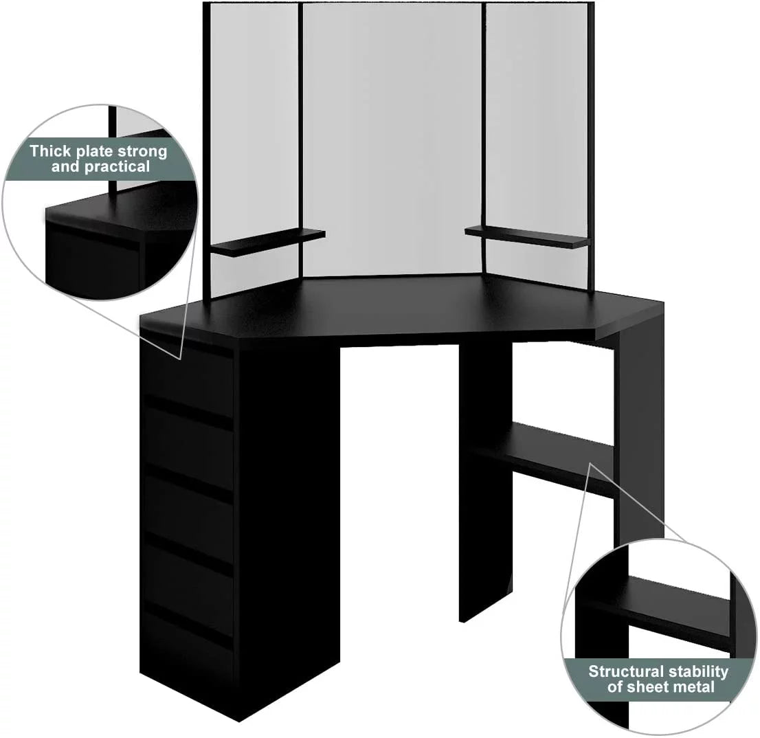 Black 5 Drawer Vanity Table with Three-Fold Mirror R199