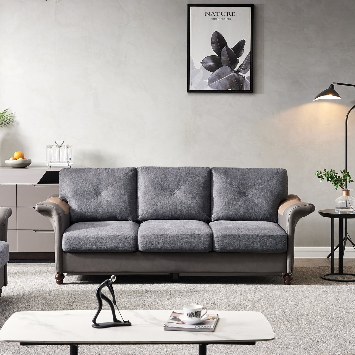 Dark Grey Linen Fabric Sofa with Wood Leg F6728