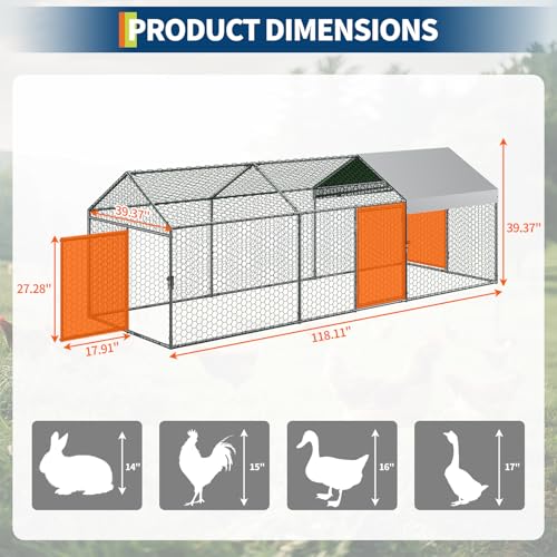 Large Metal Chicken Coop with Waterproof Anti-UV Cover, Silver, 120"×40"×40" I283609