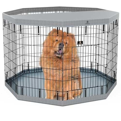 8 Panel Metal Dog Playpen with Grey Pad and Top Cover V316176