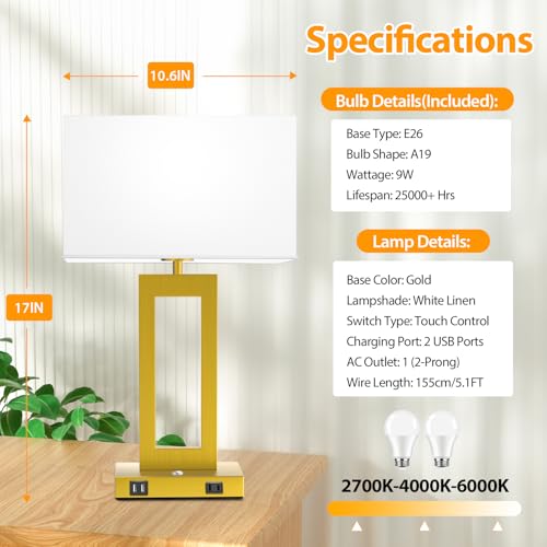 3 Color Temperatures Touch Control Table Lamps Set of 2 with USB Ports V216