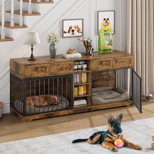 82” Wooden Dog Crate Furniture with 4 Drawers and Shelves N970642