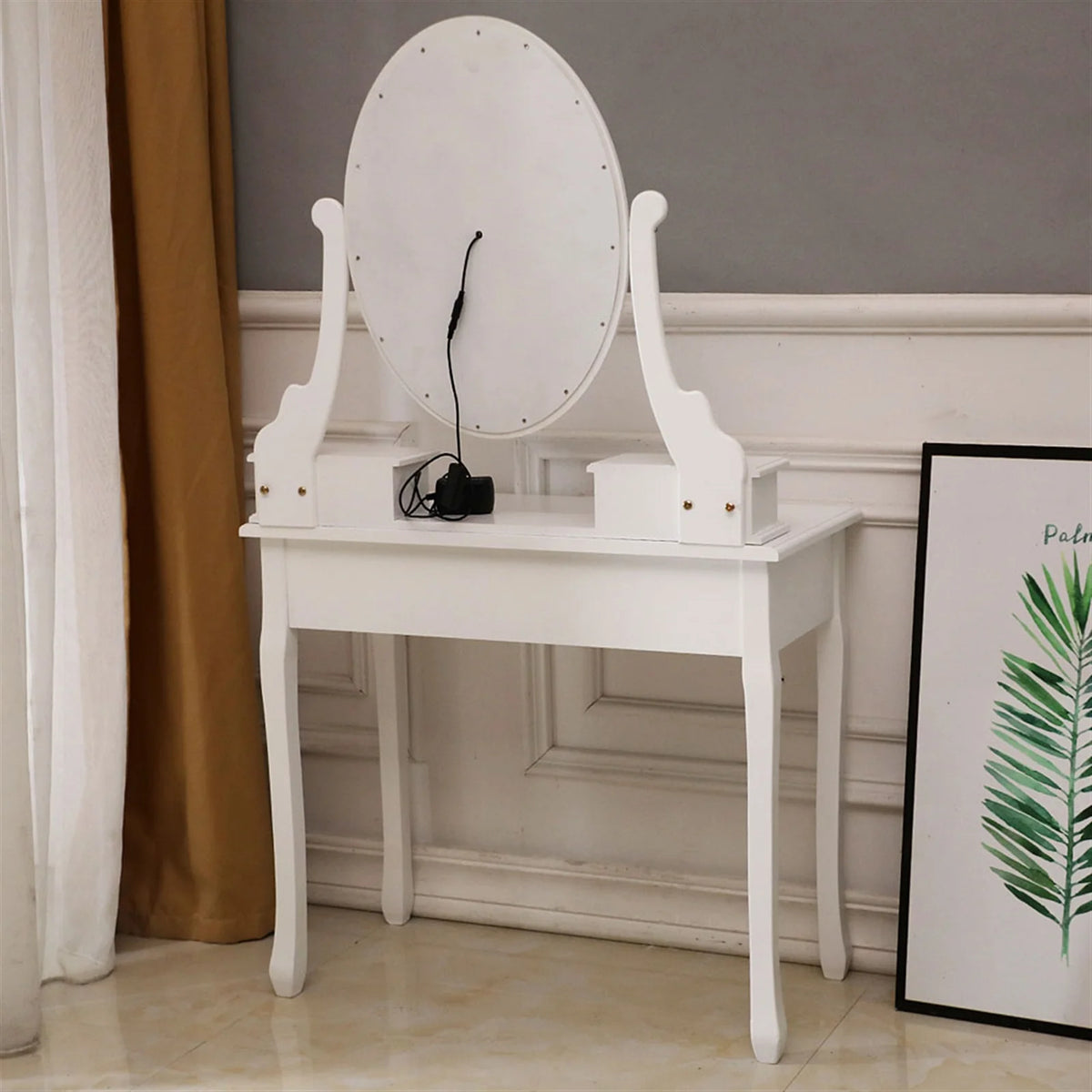 White Vanity Table Set with Lighted Mirror and Stool V38686