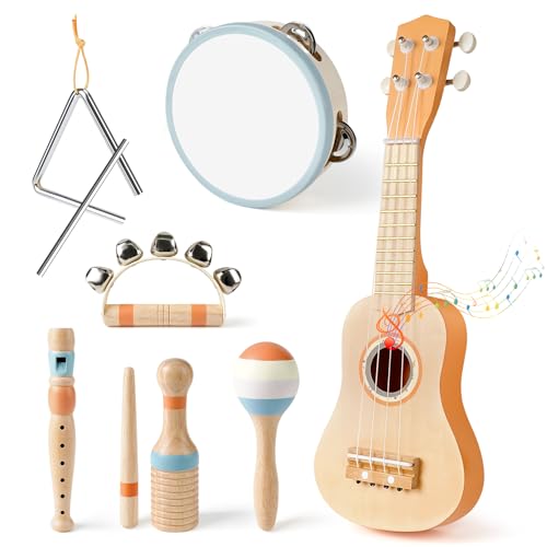 Kids Guitar Set 7 in 1 Musical Instruments with Ukulele Flute Tambourine Maracas A56839