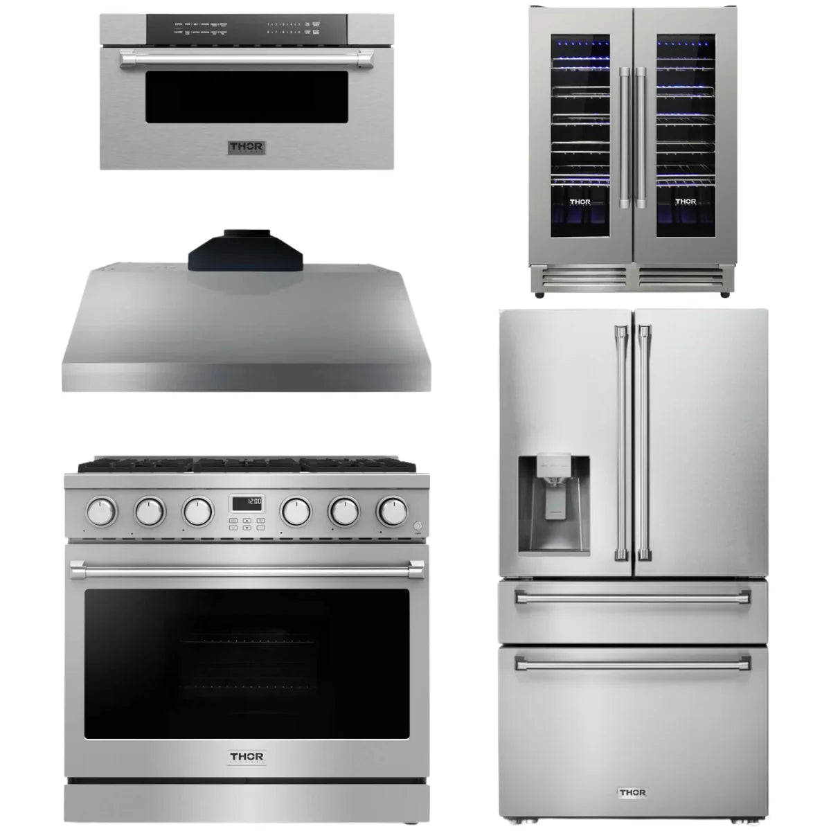 36 Gas Range, Range Hood, Refrigerator, Microwave and Wine Cooler G683127