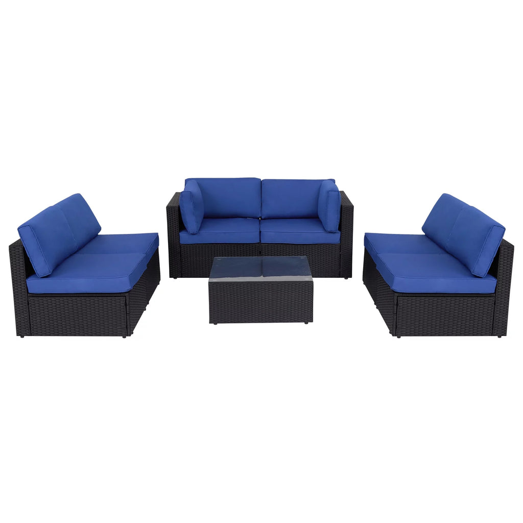 7 Pc Outdoor Rattan Wicker Sectional Sofa Set with Dark Blue Cushions O815636
