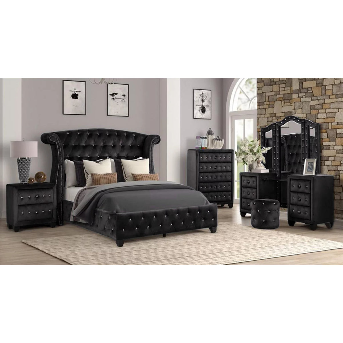 Queen 4 Pc Upholstery Bedroom Set Wood Black M892525