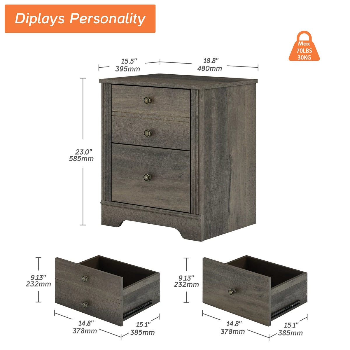 2 Drawer Grayish Brown Nightstand E8804