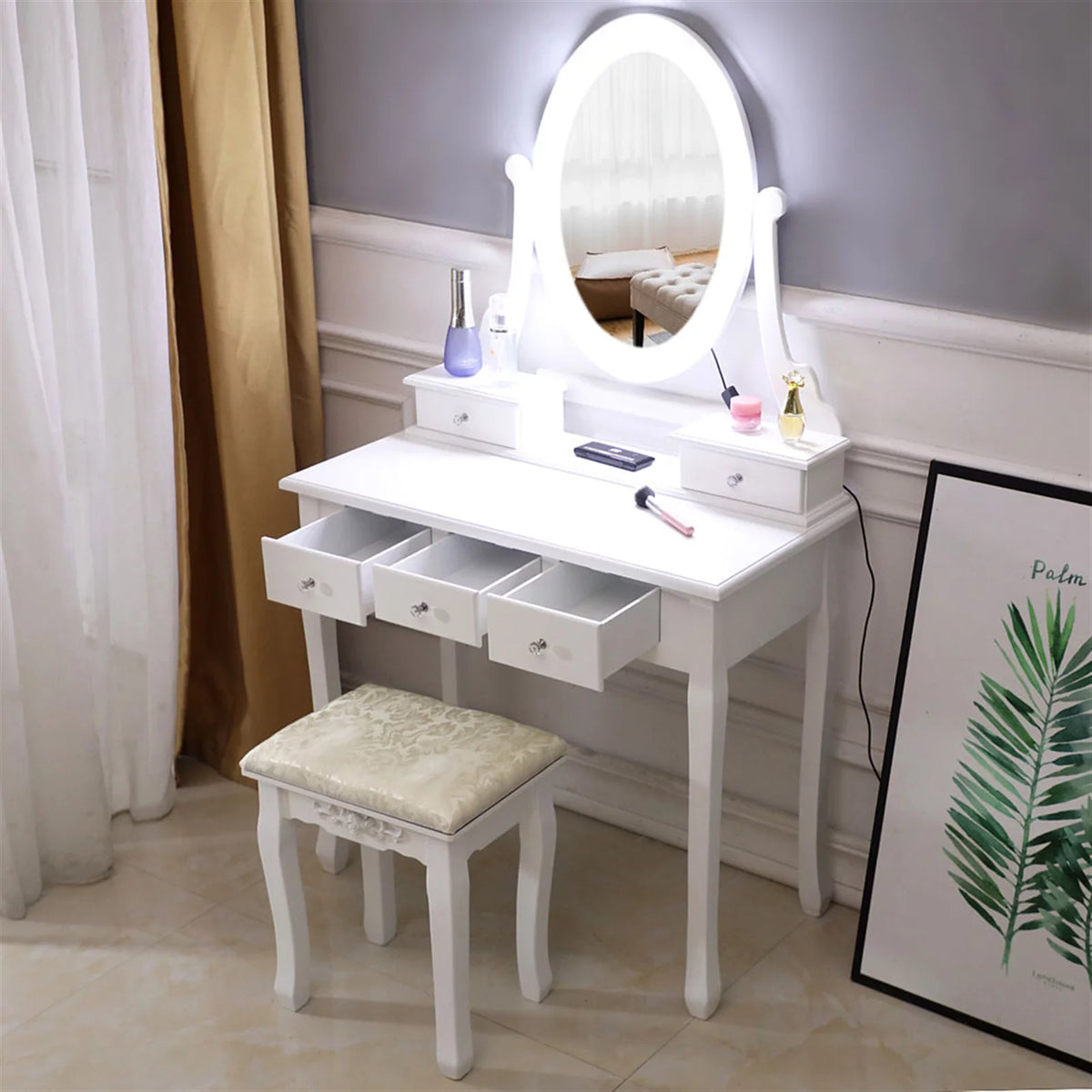 White Vanity Table Set with Lighted Mirror and Stool V38686