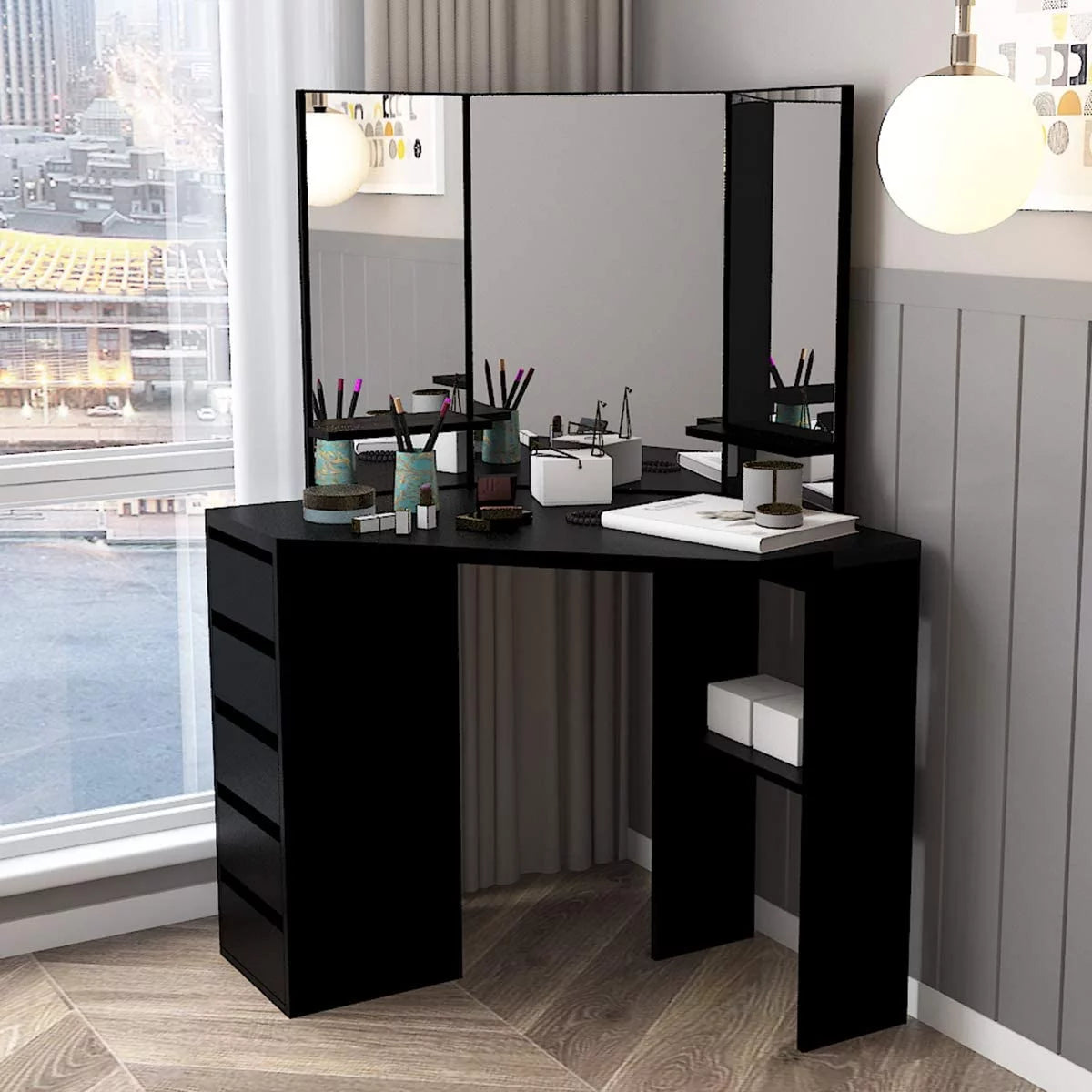 Black 5 Drawer Vanity Table with Three-Fold Mirror R199