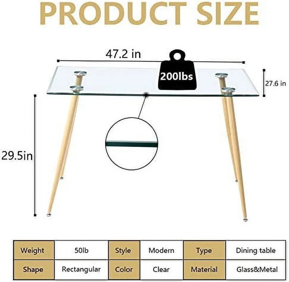 Glass Dining Table for 4 with Tempered Glass Top Metal Legs P5053