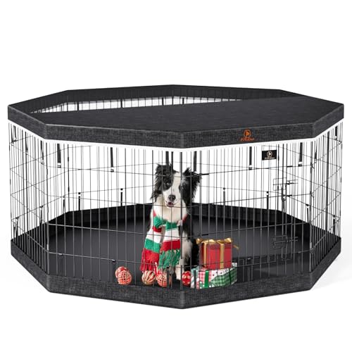 8 Panel Metal Dog Playpen with Grey Pad and Top Cover V316176