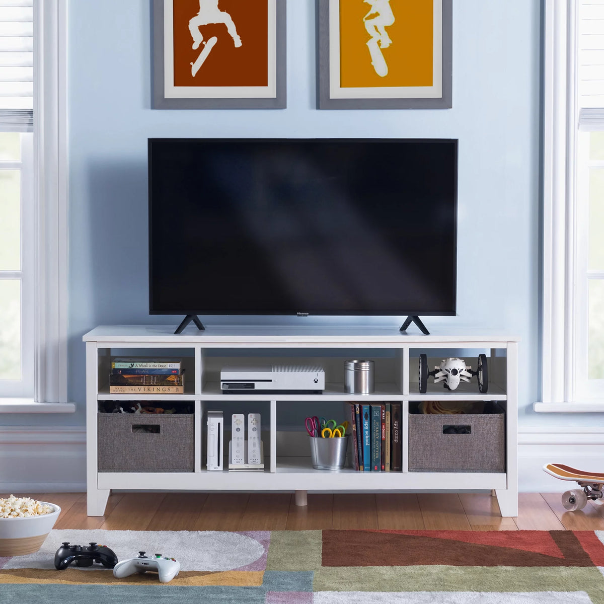 Creamy White Wooden Media Console with Shelves and Fabric Bins J461758