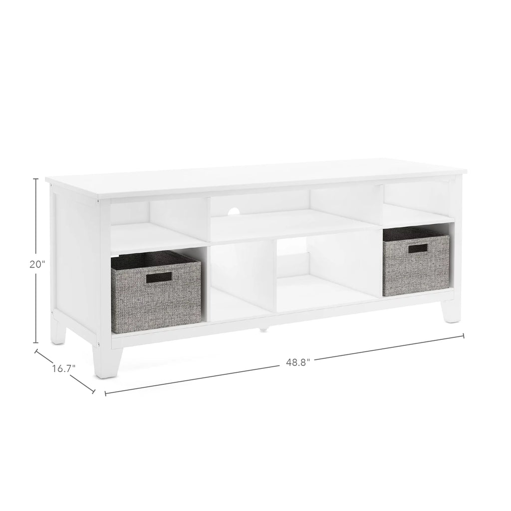 Creamy White Wooden Media Console with Shelves and Fabric Bins J461758