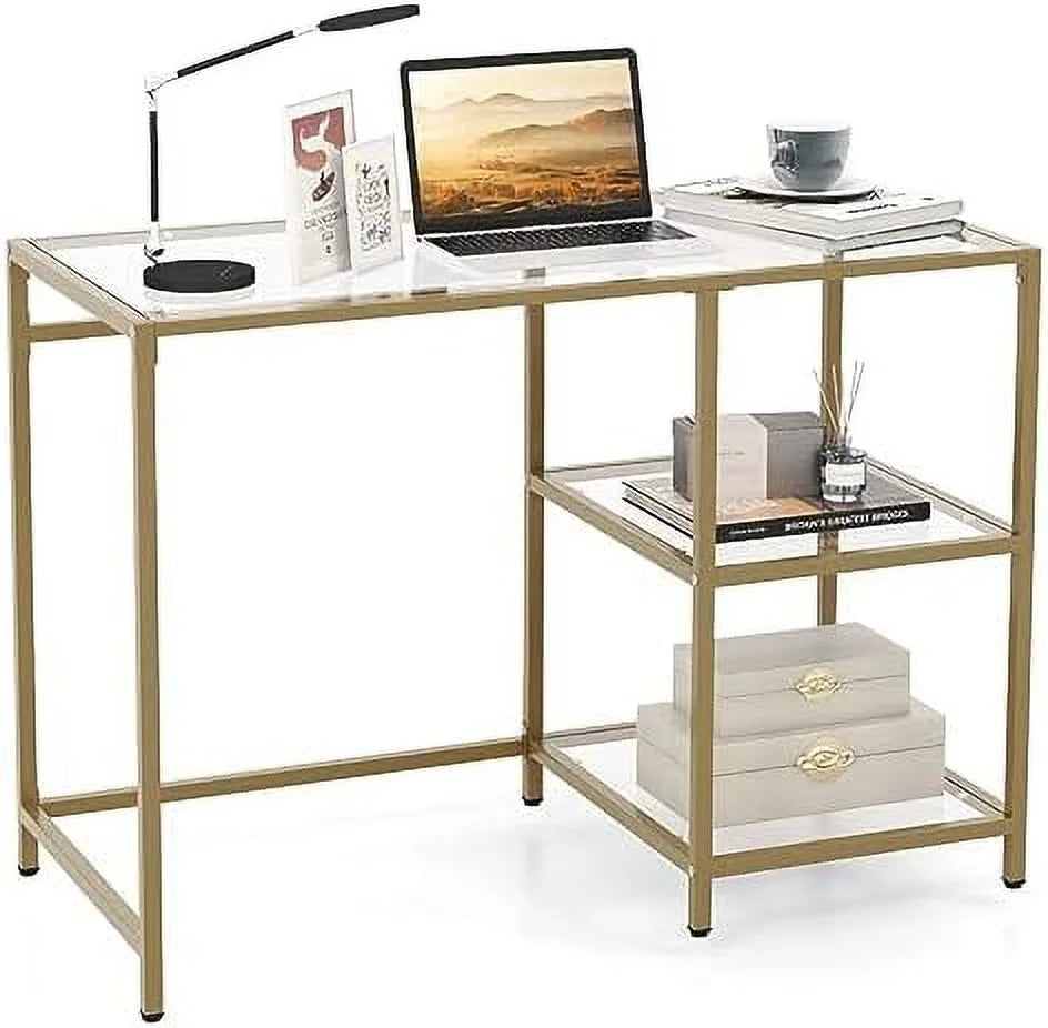Tempered Glass Computer Desk with 2-Tier Shelves Gold S2698