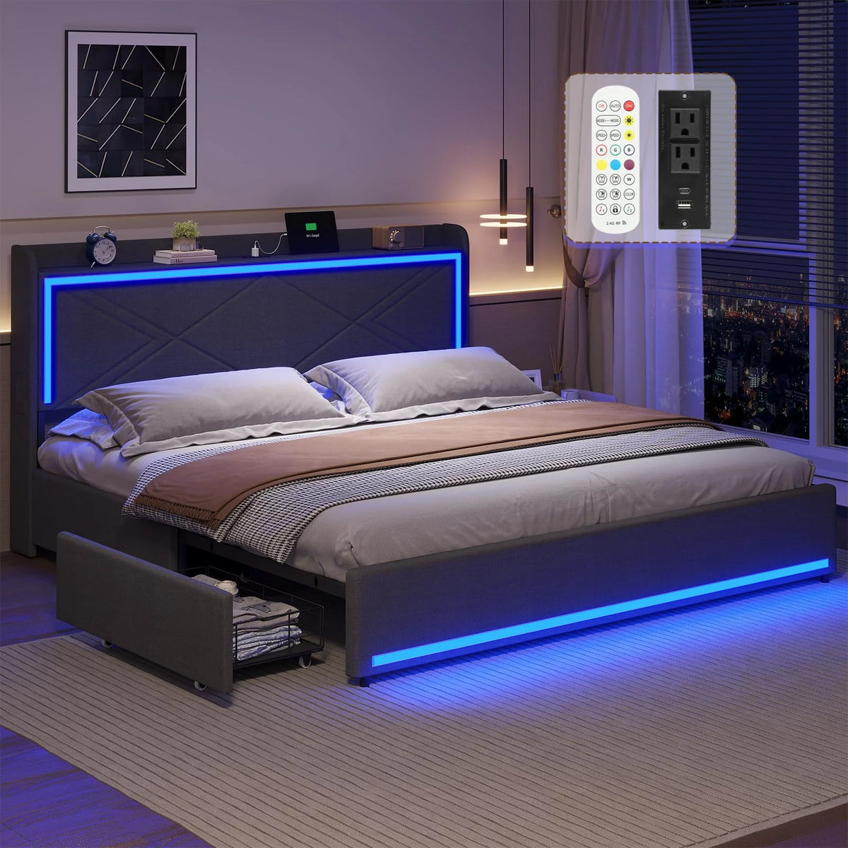 King Size Faux Leather Upholstered Platform Bed Frame with Storage Drawers, LED Lights Headboard, USB-C Charging Station, Black O263