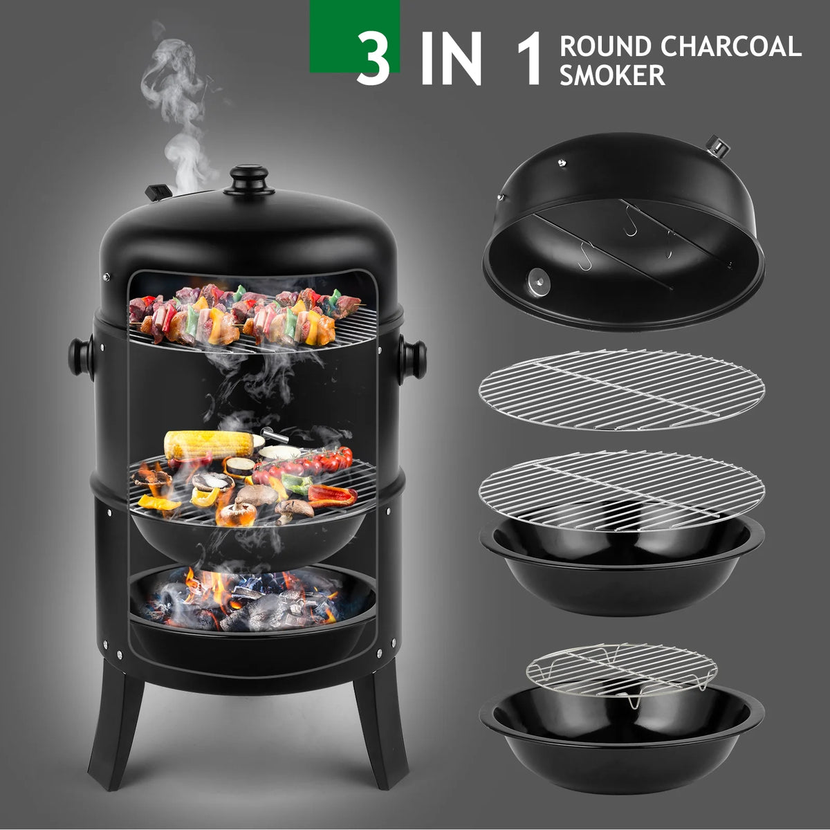 Charcoal Grill with 3 Levels Black Y275