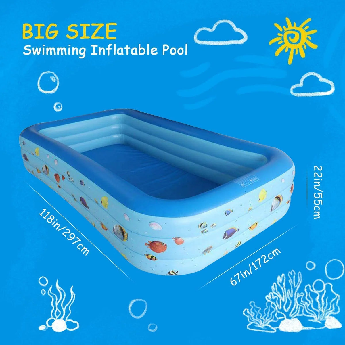 Inflatable Pool, Thickened Kiddie Pool, BPA-Free, 6.9 x 5 x 1.8 ft, Blue D5124