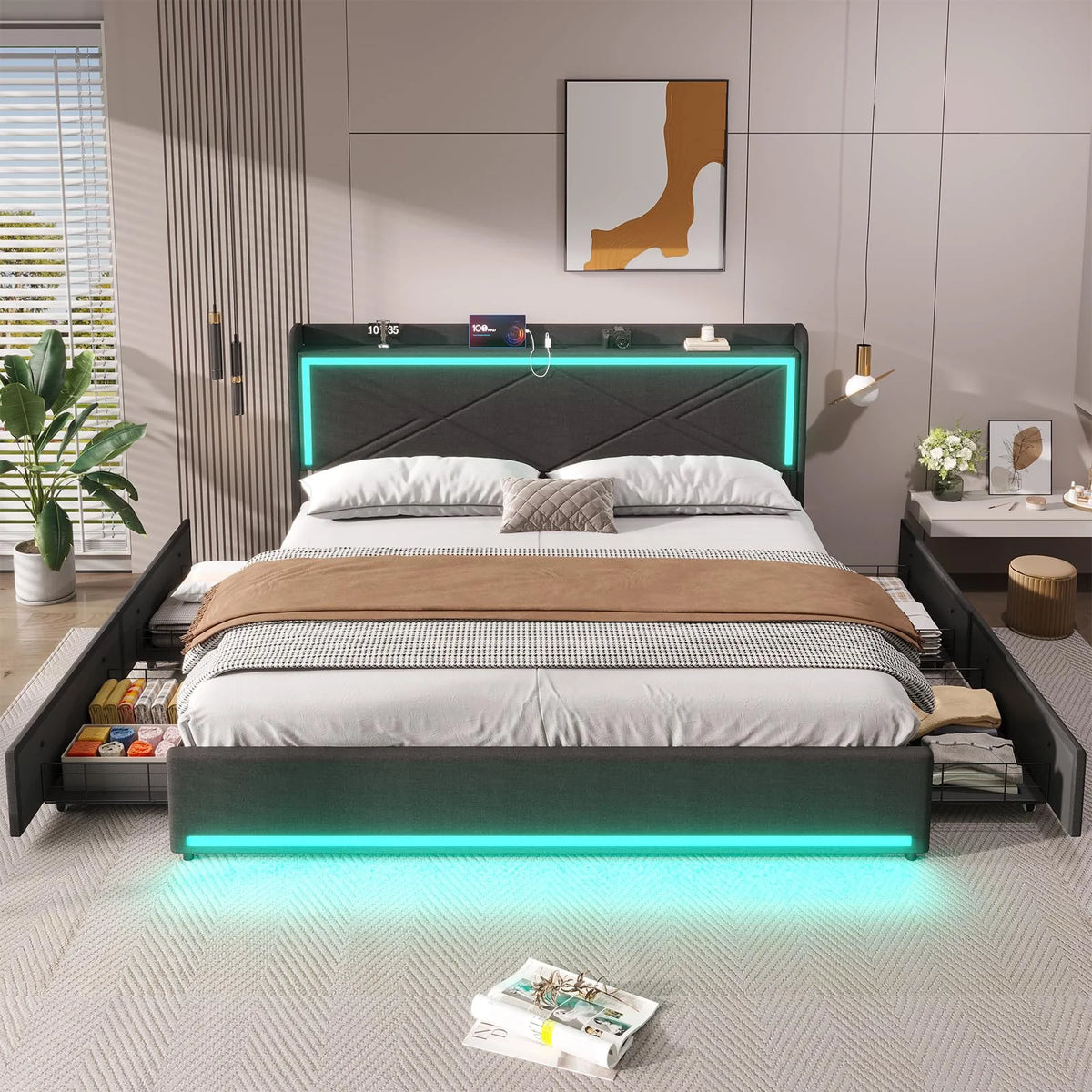 King Size Faux Leather Upholstered Platform Bed Frame with Storage Drawers, LED Lights Headboard, USB-C Charging Station, Black O263