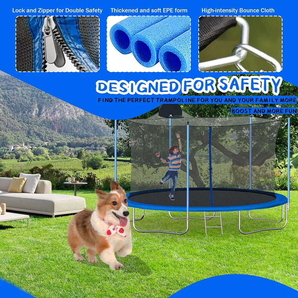 12 FT Trampoline with Safety Enclosure Net, Basketball Hoop and Ladder R274