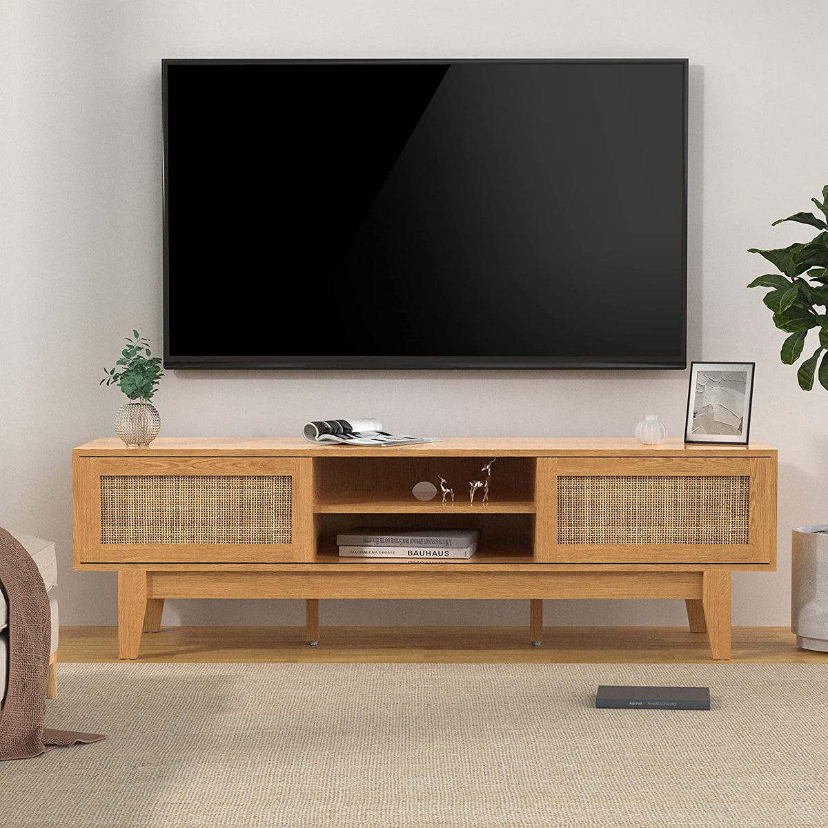 TV Stand with Rattan Sliding Doors for TVs up to 65 Inches I1332