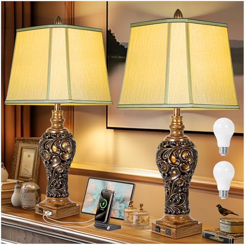 Vintage Brown Table Lamps Set of 2 with Faux Silk Shades F506