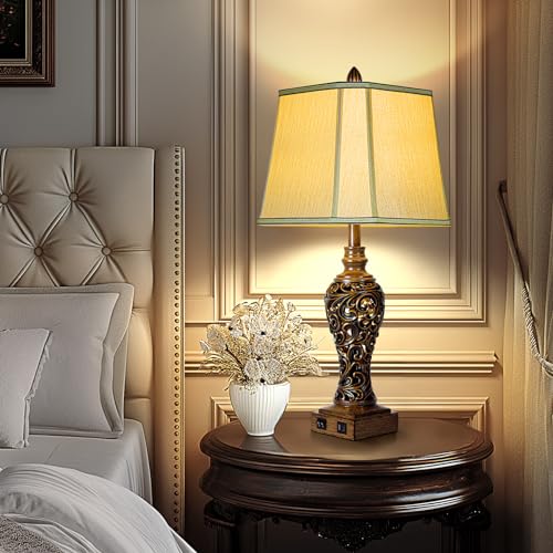 Vintage Brown Table Lamps Set of 2 with Faux Silk Shades F506