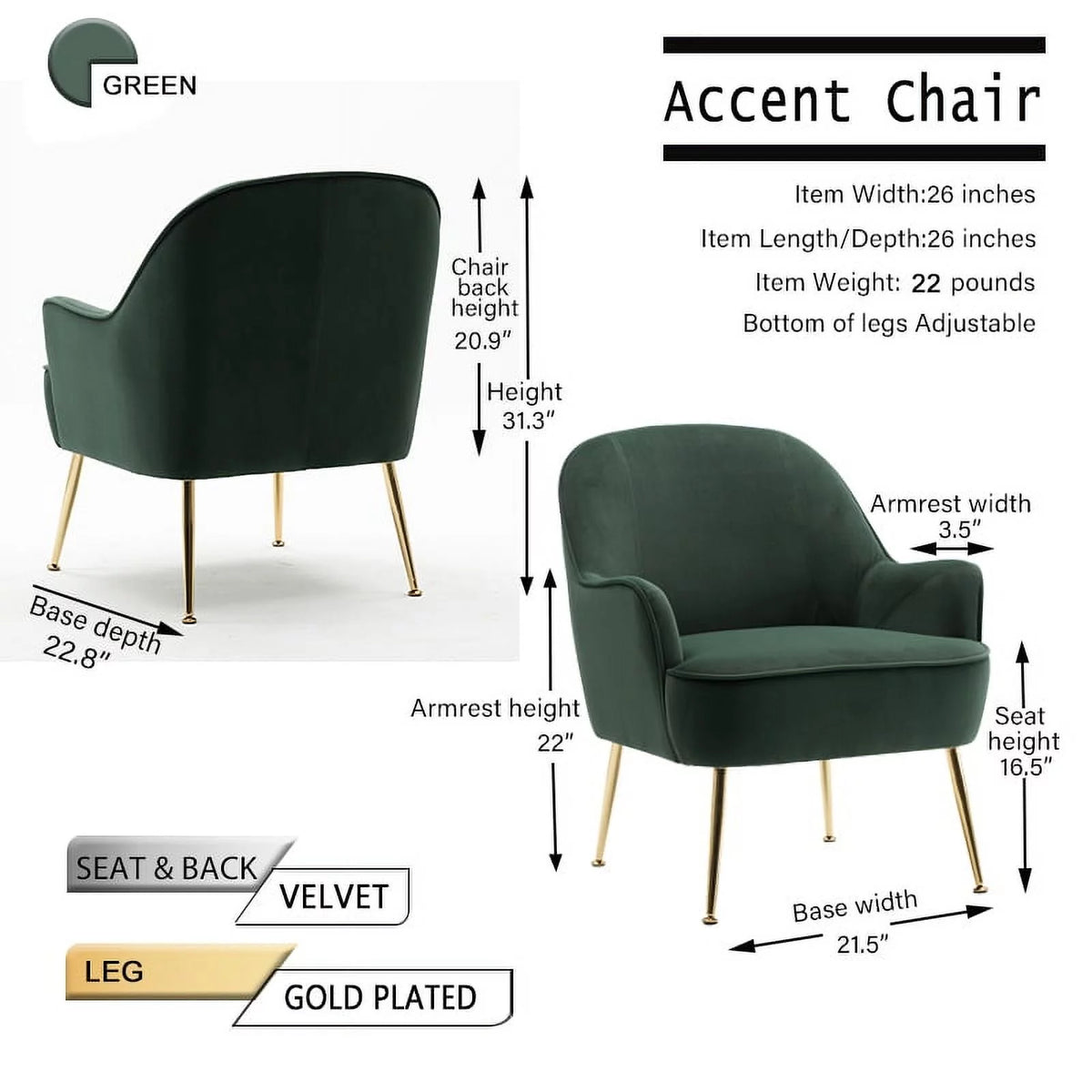 Dark Green Velvet Accent Chair with Gold Legs B25918