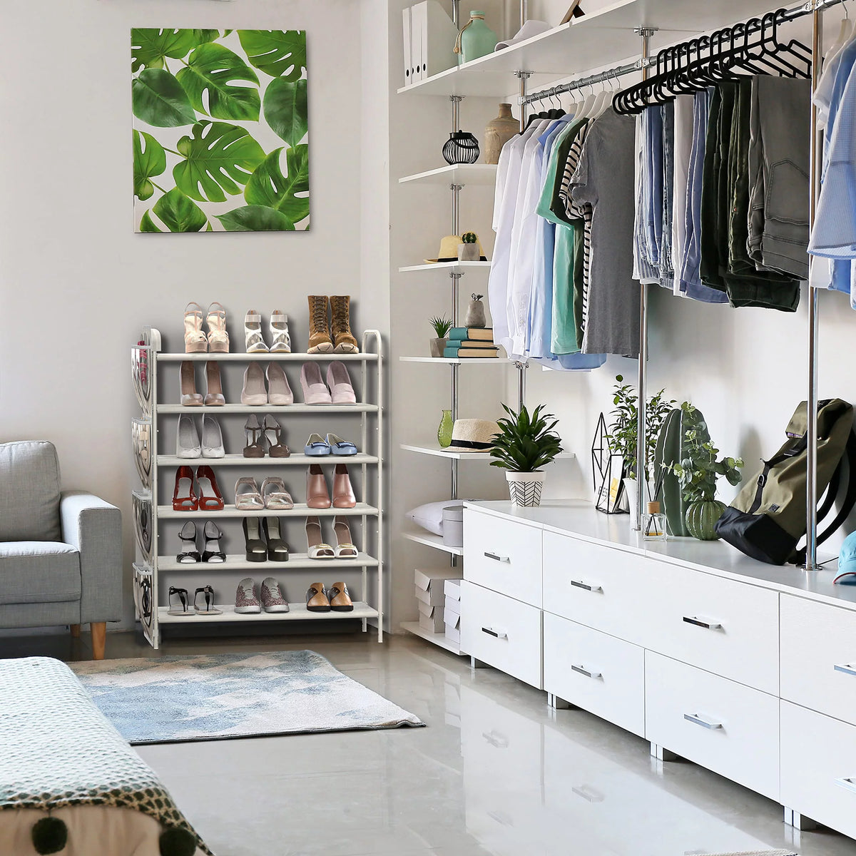 6-Tier Shoe Rack Storage Organizer with Side Hanging Bag, White P607450
