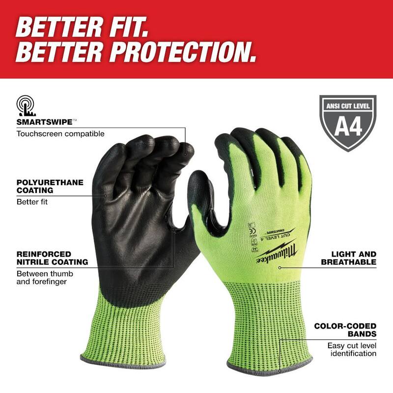High Visibility Level 4 Cut Resistant Polyurethane Dipped Work Gloves 12-Pack E4598