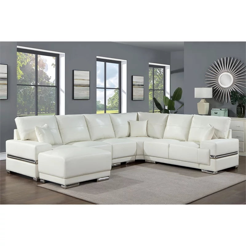 White Faux Leather Sectional with Ottoman G4904