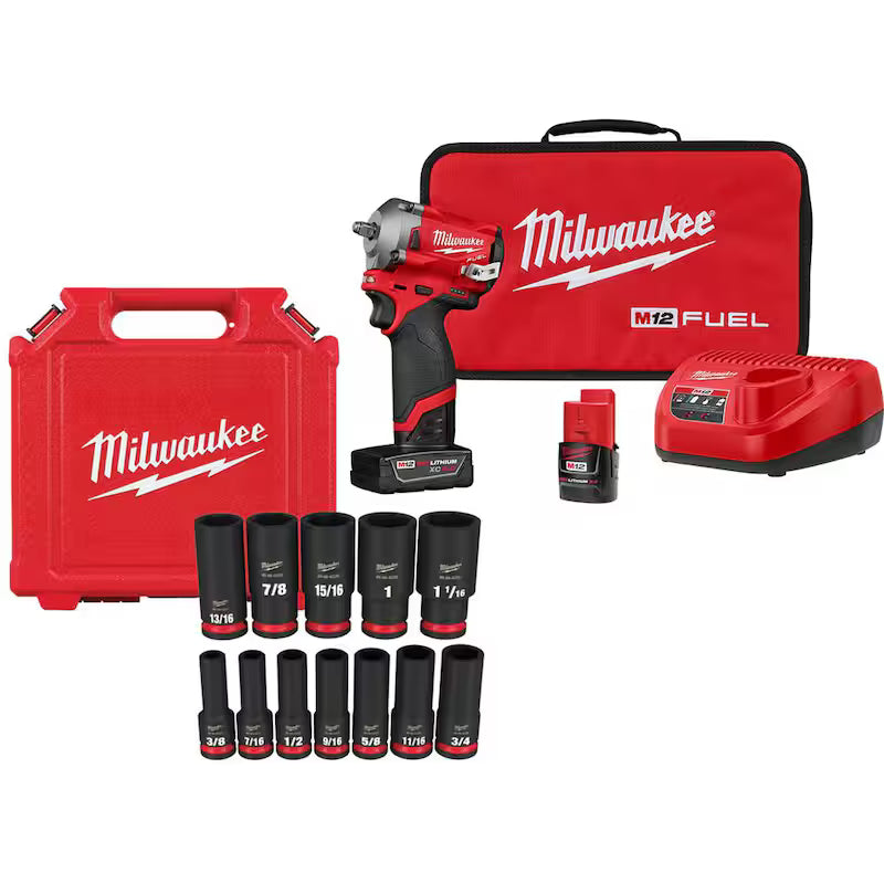 12V Cordless Brushless 1/2 in. Impact Wrench Kit with 1/2 in. Drive SAE Deep Socket Set (12-Piece) J191951